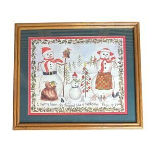 Vtg Home Interiors Framed Print Picture Snowman Holiday Bible Verse Prov 17:22
